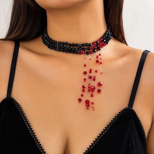 Collares colgantes Otras bragas Collar de cuentas góticas Gotas de sangre rojas Gargantilla Cadena para el cuello Imitación falsa Borla de cristal Joyería de Halloween