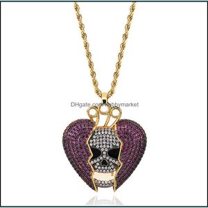 Collares pendientes Colgantes Joyería 14K Iced Out Skl Skeleton Purple Heart Juice Wrld Collar Micro Pave Cubic Zircon Hiphop Fashion Drop