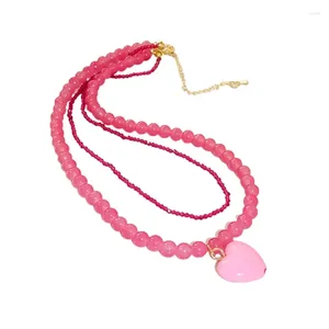 Pendentif Colliers Collier de perles de cristal rose double couche ras du cou tempérament coeur clavicule chaîne bijoux de mode