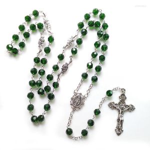 Collares pendientes QIGO Católico Collar largo de cristal Cruz verde Rosario para hombres Mujeres Joyería religiosa
