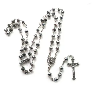 Pendentif Colliers Qigo Gris Cristal Rosaire Collier Long Vintage Croix Catholique Pour Femmes Hommes Religieux Paryer Bijoux