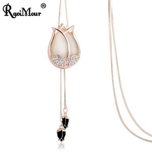 Collares pendientes RAVIMOUR Gran Gargantilla Kolye Cristal Ópalo Declaración Colgantes Flor de tulipán Borla Suéter Cadena Collar largo Regalo de la joyería