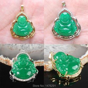 Pendentif Colliers Rouge Orange Vert Jades Sculpté Bouddha Creux Coupe Incrustée Strass Bouddhiste Amulette 1 pcs