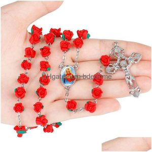 Collares colgantes Red Rose Beads Rosario Collar Christian Cross Soft Y Rosarios Largo Relius Joyería para mujeres Niñas Moda Will y DHVSQ