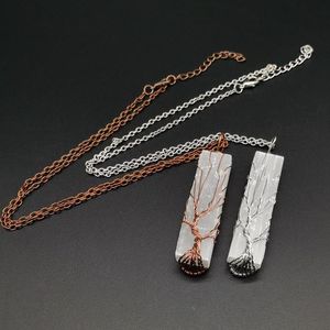 Collares pendientes Reiki Curación Árbol de la vida de piedra cruda Collar Varas de selenita natural Varitas Cristal de yeso en bruto Colgante de joyería