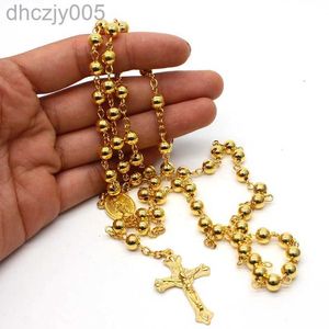 Pendentif Colliers Religieux Chrétien 14k Or Jaune Rosaire Perles Collier Jésus Croix Longue Chaîne Cou Bijoux Cadeau FS80