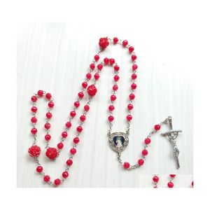 Pendentif Colliers Bijoux Religieux Acrylique Rouge Rose Rosaire Collier Pour Femmes Cadeaux De Mariage Drop Livraison Colliers Pendentifs Dhztu