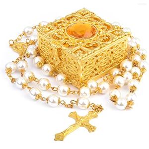 Pendentif Colliers Chapelet Perles Collier Catholique Marie Pour Hommes Femmes Enfants Première Communion Longue Croix Boîte-Cadeau En Métal