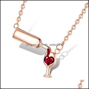 Collares colgantes Color oro rosa Creativo Copa de vino Collar colgante para mujeres Zircon Red Heart Cup Charm Gargantilla Gota corta Entregar DHMCI