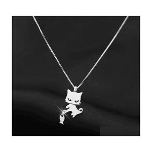 Pendentif Colliers Sier Chaton Collier Femmes Tempérament Doux Chat Pêche Clavicule Chaîne Fête Cadeau D'anniversaire Bdehome Drop Delive Dhkf3