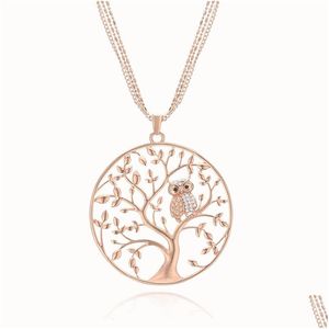 Collares pendientes Pequeño búho Árbol de la vida Collar para mujer Diamante de imitación Oro rosa Suéter Cadena Larga Declaración Joyería Bijoux Drop De Dhdoj