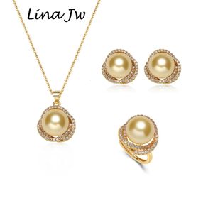 Collares colgantes South Sea Shell Pearl Gold Jewelry para mujeres Conjuntos Collar Pendientes Anillo con circón Fiesta Cumpleaños Regalo de boda 231010