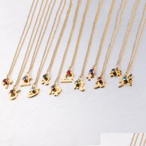 Pendentif Colliers En Acier Inoxydable 12 Signes Du Zodiaque Constellation Collier Cristal Pierre De Naissance Femmes Ami Design De Mode Anniversaire Gif Dhwqc