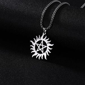Collares pendientes de acero inoxidable brillante sol pentagrama collar Supernatural Dean declaración caja cadena joyería para Men304A