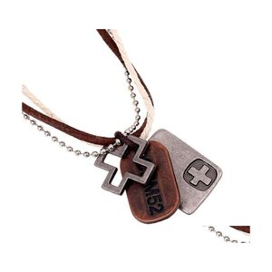 Pendentif Colliers Tag Croix Collier Femmes Vintage À La Main En Cuir Véritable Chaînes Ras Du Cou Pour Hommes Bijoux Pendentif Drop Delivery Jewel Dhiwv