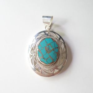 Pendentif Colliers TBP489 Népal Vintage Bijoux Blanc Métal Cuivre Incrustation Turquoises Creux Fleur Pendentifs