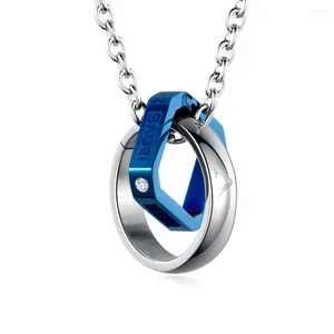 Collares colgantes Titanio Acero Cuadrado Doble Anillo Love Life Zircon Collar Joyería de pareja para hombres y mujeres