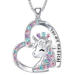 Pendentif Colliers Licorne Collier Mignon Chanceux Coeur Cristal Pierre De Naissance Cheval Vous Êtes Magique Bijoux Cadeau D'anniversaire Filles Drop Delive Dhy35