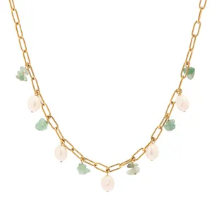 Pendentif Colliers Uworld Trendy en acier inoxydable vert naturel pierre d'eau douce perle collier de charme pour les femmes Collares Verano 2024