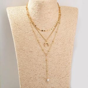 Pendentif Colliers Vintage Mode Boho Gold Couleur Perle Chaîne Disque Artificielle Perle Corne Collier Pour Femmes Multiniveau Collier Bijoux Cadeau