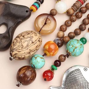 Pendentif Colliers Vintage Bijoux ethniques faits à la main Fête bouddhiste Népal Collier Corne Poisson Mala Bois Perle