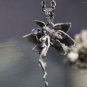 Pendentif Colliers Vintage Seraphim Collier Main Sculpture Déesse Moonstone Angel Wings Longue Chaîne Cou Hip Hop Bijoux Accessoires
