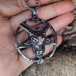 Pendentif Colliers Vintage en acier inoxydable Satan Collier Punk Biker Hommes Pentagramme Crâne Mouton Tête Chaîne Bijoux Goth Accessoires