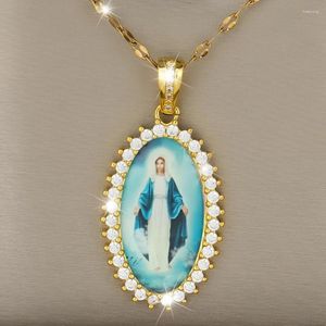 Collares colgantes Virgen María en azul Collar de circón ovalado para mujeres Regalo de Navidad Banquete Fiesta Joyería Decoración Amigos