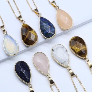 Collares con colgante de gota de agua, Color dorado, gota de agua facetada, collar de piedra Natural, ópalo, rosa, cristal, Druzy, joyería para hombres y mujeres