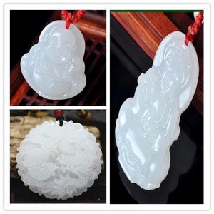 Collares colgantes Estatua de jade blanco de Guanyin Afganistán Jade Maitreya Buda Dragón y Fénix Blanco W