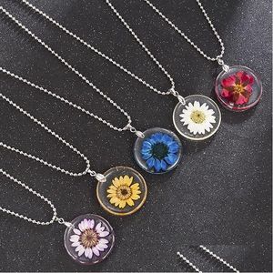 Pendentif Colliers Femmes Mode Réel Naturel Fleur Séchée Collier Simple Ronde Résine Pendentif Pour Cadeau Bijoux En Gros Drop Livraison Dhk8K