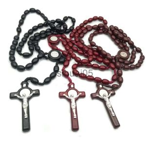 Collier pendentif croix en perles de bois, chapelet chrétien tissé à la main, collier de perles, jésus, bijoux religieux catholique, vente en gros x1009