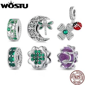 Collares colgantes Wostu 925 Sterling Silver Green Lucky Clover Charms Dragonfly Pends Purple Flower Bead Fit Original Charm Collar Diy Regalo 240410