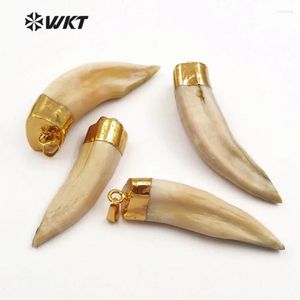 Pendentif colliers WT-P241 WKT vente en gros pendentifs originaux en dents de loup avec capuchon de couleur or incroyable os de corne brute pour la fabrication de bijoux