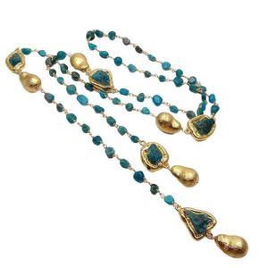 Pendentif Colliers YYGEM Natural Blue kyanite Rough Nugget Gold color Brushed Bead Long Necklace 40 