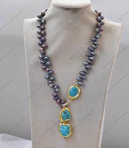 Colliers pendants Z13137 19 '' 10 mm Rice Peacock-Black Perle Collier Turquoise en pierre rugueuse plaquée or