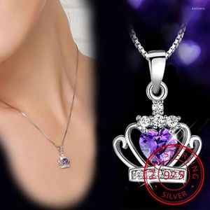 Colgantes Collar de plata de ley 925 Reina Princesa Corona de cristal Colgante de corazón de circonia para mujer Cadena de 45 cm S-N98