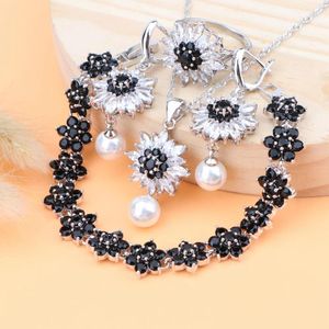 Colgantes Perlas nupciales Conjuntos de joyas de plata Pendientes de piedra de circón negro Pulseras Anillos Colgante Joyería de boda Conjunto de collar para mujeres