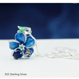 Pendants Buyee 925 Siltling Silver Excellent collier Chaîne de collier Blue Crystal Stone Fleur Fleur élégante Colliers sucrés pour femmes bijoux