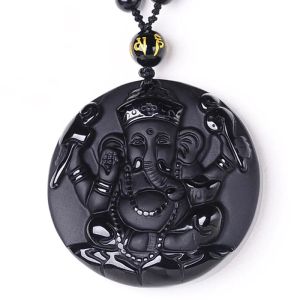 Colgantes Nave directa Colgante de Ganesha Colgante de jade de obsidiana negra Elefante Ganesh tallado Colgantes de la suerte Collar gratis Joyería de cristal fino