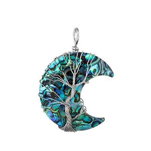 Pendentifs Mode Argent Couleur Arbre de Vie Fil Wrap Naturel Abalone Shell Lune Pendentif 5 Pieces222g