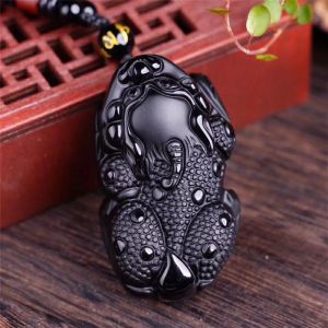 Pendentifs Obsidienne naturelle sculptée à la main Pixiu Jade pendentif Boutique de mode bijoux hommes et femmes collier de crapaud doré