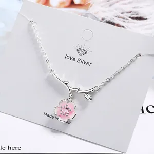 Pendentifs Romantique 925 en argent Sterling rose fleur de cerisier colliers pour femmes Zircon Sakura fleur courte clavicule chaîne tour de cou bijoux