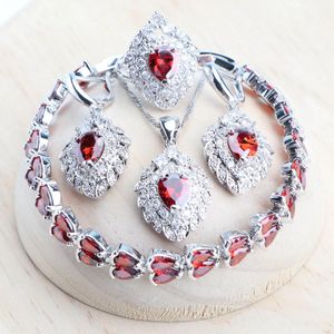 Colgantes Sier Conjuntos de joyería fina Joyería de boda de circonio rojo nupcial Pendientes para mujer Anillos Collar con colgante Conjunto de pulseras de piedra