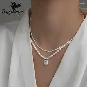 Colgantes TrustDavis Plata de Ley 925 auténtica collar de cuentas de cadena de dos pisos a la moda para mujer joyería de boda y Día de San Valentín DB349