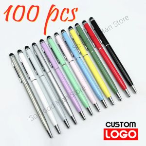 Stylos 100 PCS 13Color Metal 2in1 Stylus Universal Ballpoint Pen Custom Logo Text Gravure Office Office School Advertising Pen Wholesale