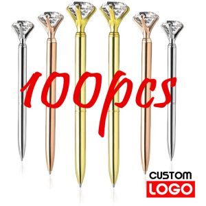 Stylos 100 pcs / lot Big Crystal Diamond Metal Ballpoint Point Point Anneau de mariage Boule Cadeau Ball Boule Black Blue Encre Free Custom Logo