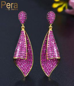 Pera luxe qualité Rose rouge CZ Zircon élégant forme de conque Dubai or boucles d'oreilles pour les femmes de mariage fête 925 bijoux E545 Dangl3602590