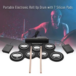 Percussion 7 Pads Ensemble de batterie électronique portable Tambour électronique portable enroulable Kit de tampons en silicone avec pédales et baguettes enfants débutant