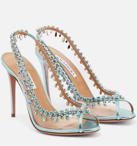 Parfait femmes tentation sandales chaussures cristal-orné de cuir métallique talons hauts PVC Slingback fête mariage Peep Toe pompes EU35-43